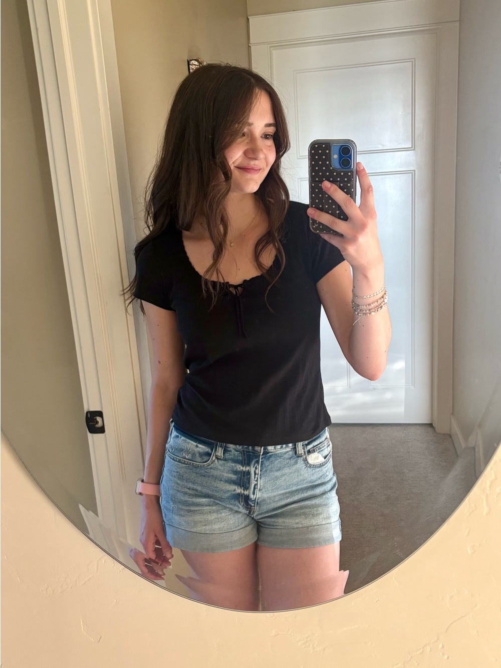 American Eagle Outfitters Black Short Sleeve Scoop Tee with Tie